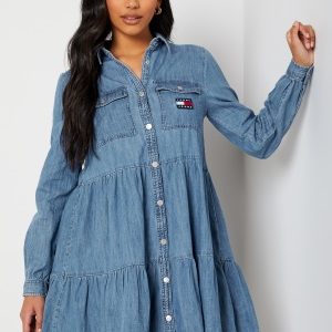 TOMMY JEANS Chambray Tiered Shirt Dress 1A5 Denim Medium S