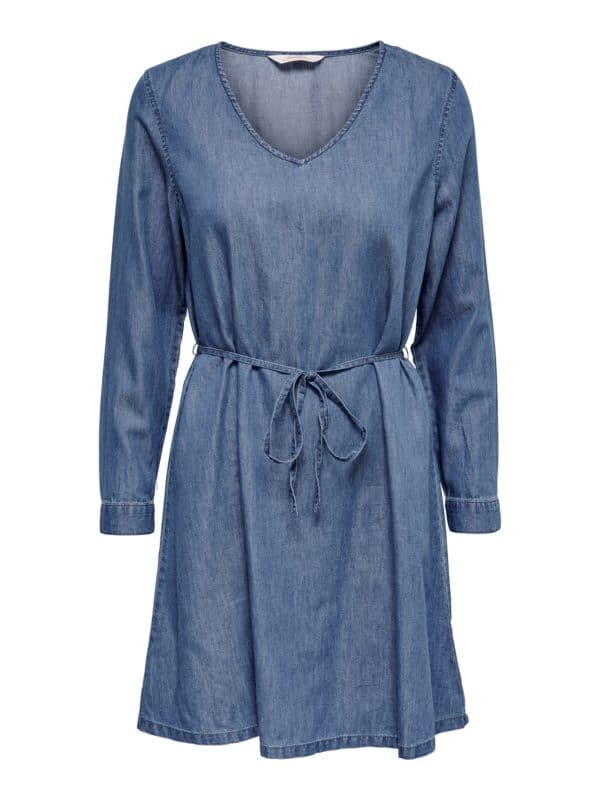 Only Bea Long Sleeve V Neck Denim Tunic Dress - Blå - Størrelse 34 - Bomuld