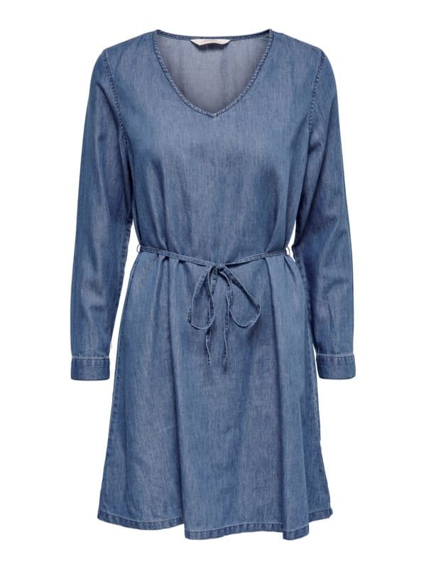 Only Bea Long Sleeve V Neck Denim Tunic Dress - Blå - Størrelse 36 - Bomuld