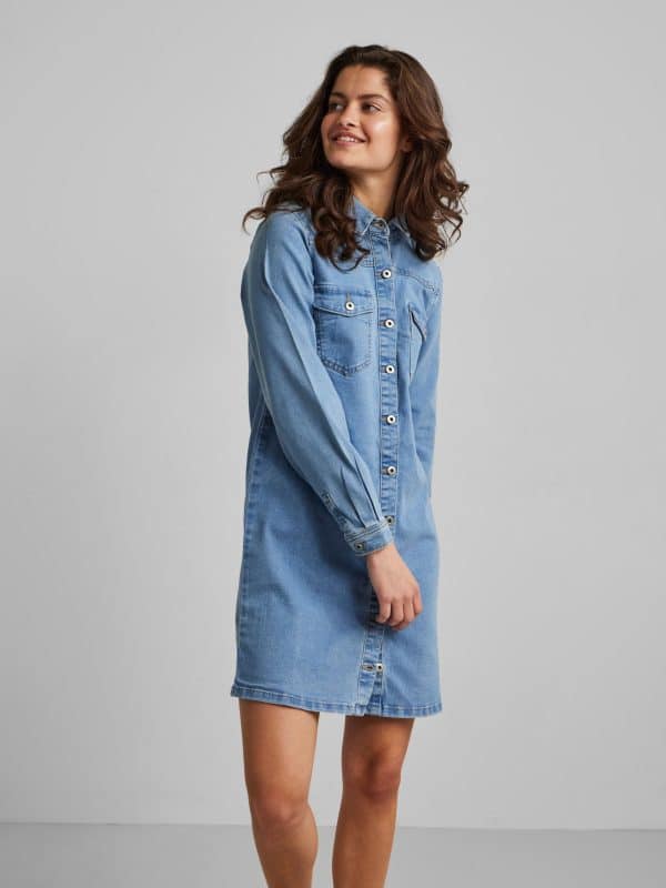 Pieces Perry Long Sleeve Button Down Denim Dress - Blå - Størrelse 40 - Jeans