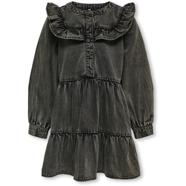 Kids ONLY Washed Black Shelly Frill Denim Kjole - Str. 140